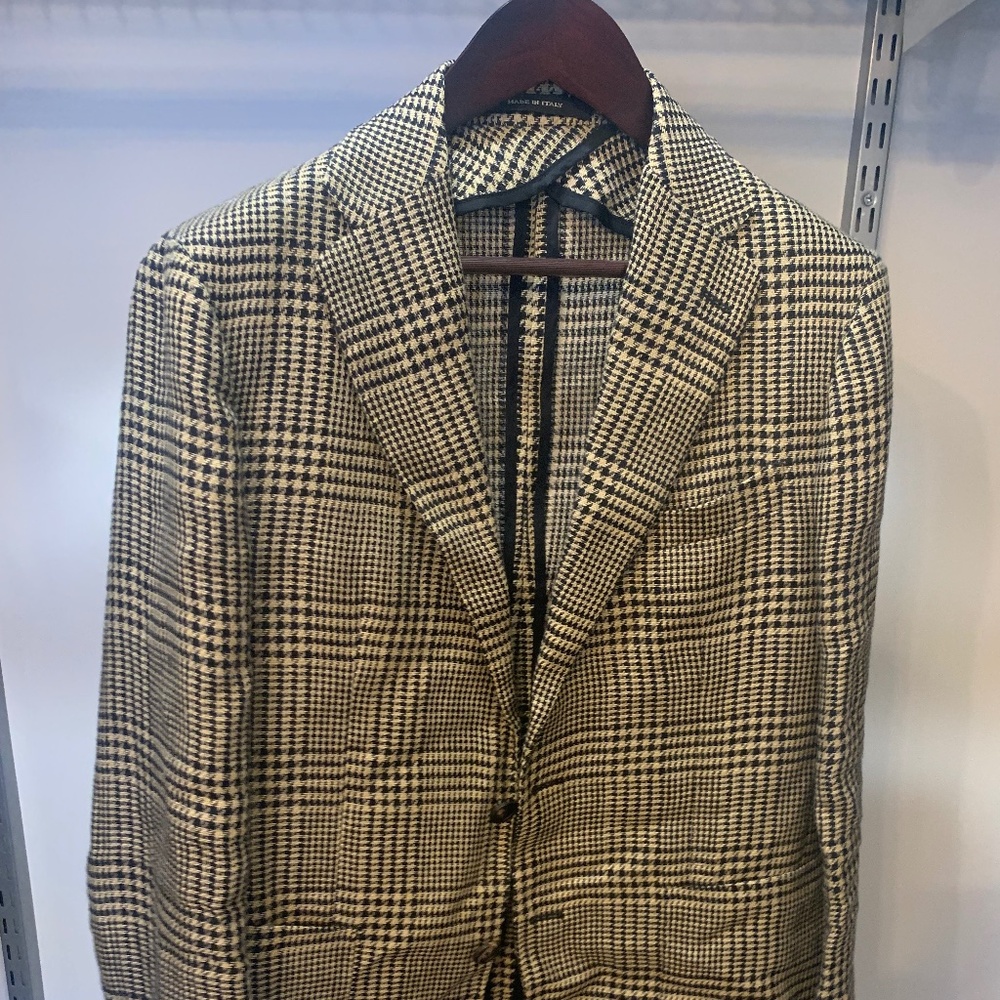 Tagliatore Men’s Blazer – Gold & Black Houndstooth Linen/Cotton, Made in Italy